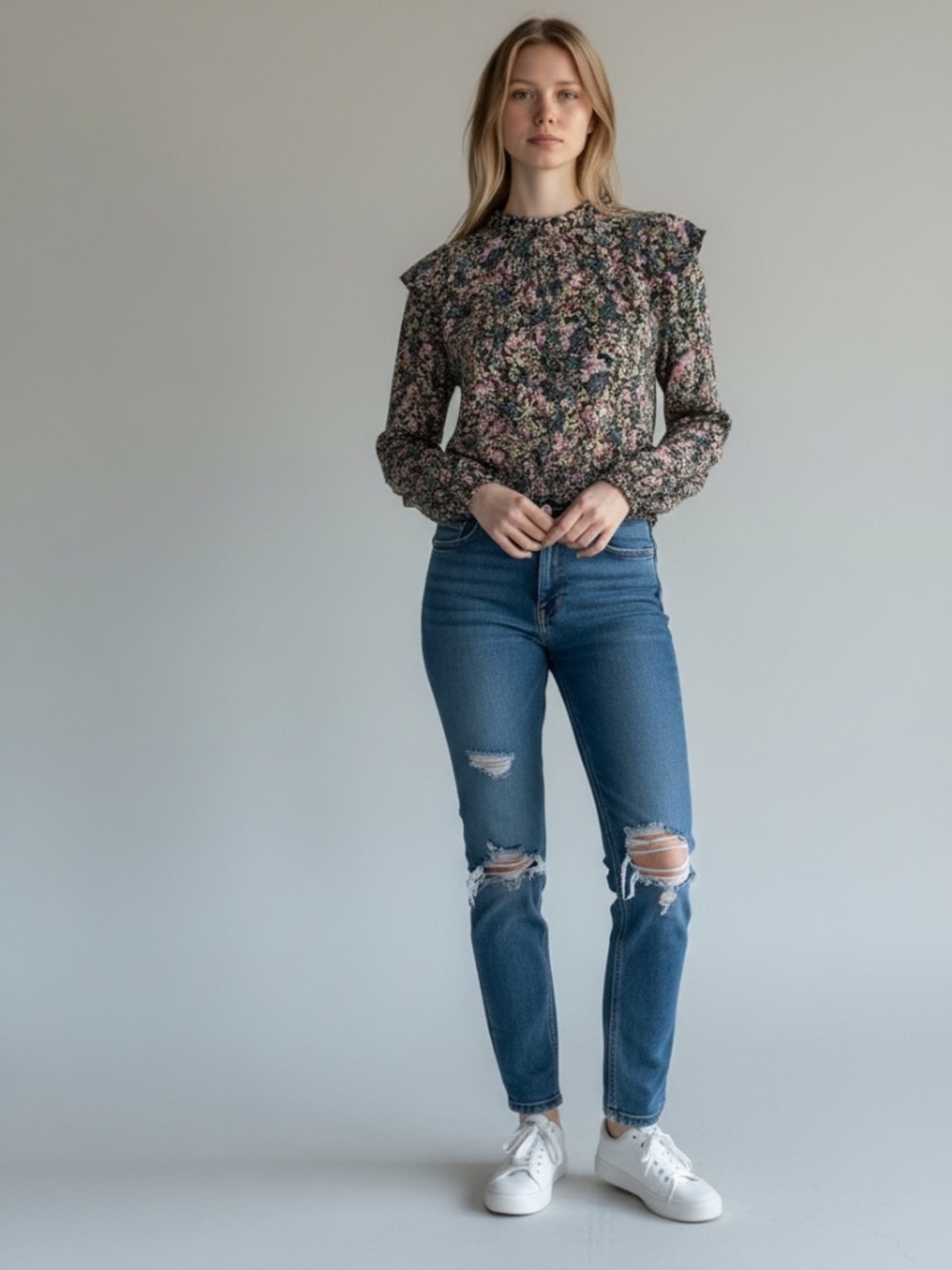 Wild Fable Floral Smocked Crop Top Ruffle Shoulder Long Sleeve Blouse Large